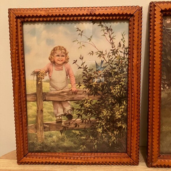 Tramp Art Works Antique Carved Wood Chip Frame 1930s Adelaide Hiebel Bluebird - Picture 10 of 10